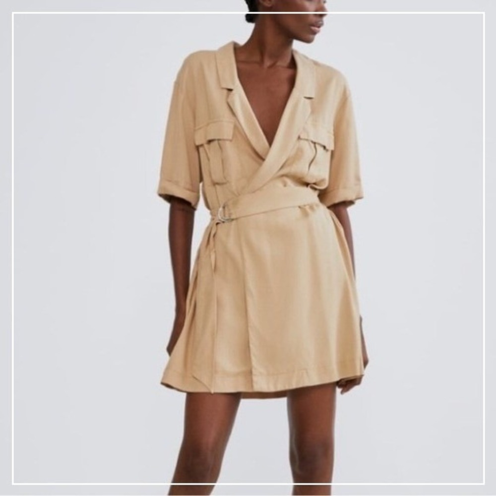 Zara Dress Xs Wrap Lyocell Cargo Pocket Waist Define Belt Coastal Beach